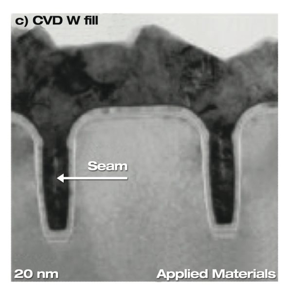 SEM of a tungsten contact plug showing excellent gap fill characteristics