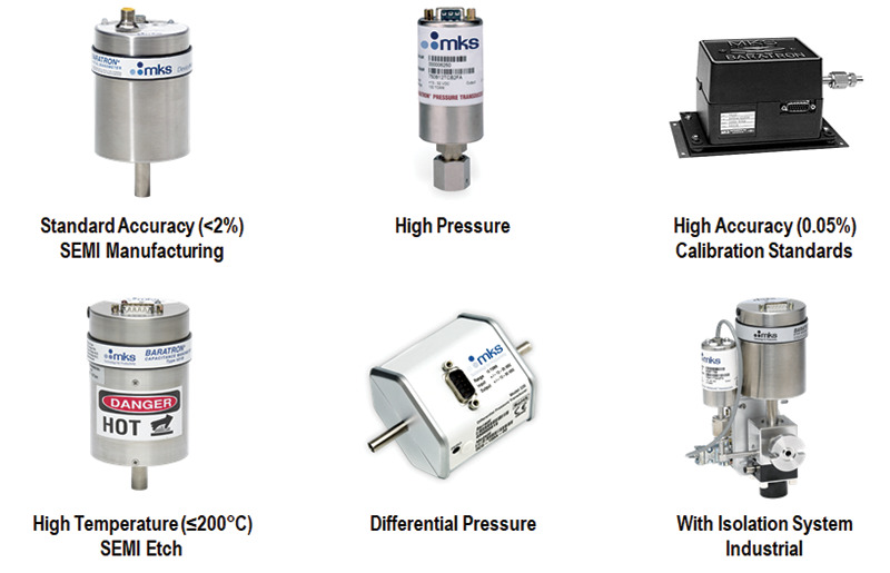 Different types of Baratron® capacitance manometers (10<sup>-5</sup> to 10<sup>5</sup> Torr).