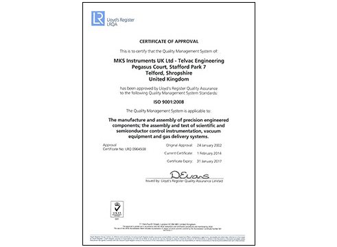 MKS Custom Vacuum Solutions ISO 9001 Certificate