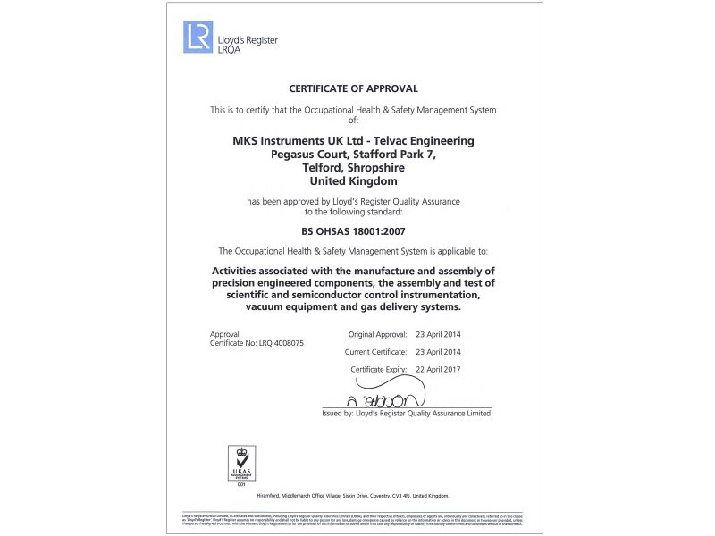 MKS Custom Vacuum Solutions OHSAS 18001 Certificate